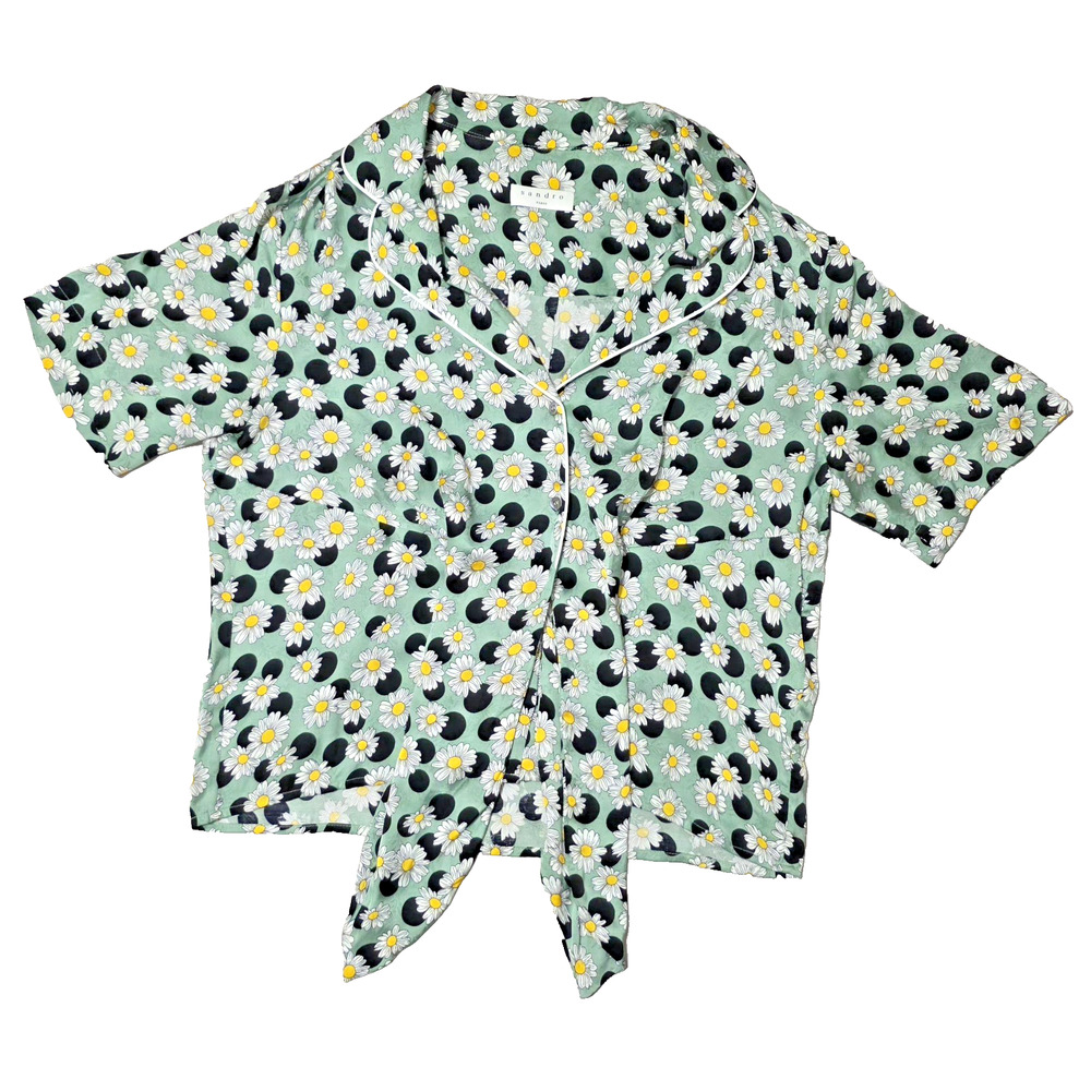 Sandro Paris Size 1 Sage Green Daisy Polka Dot Silk-Feel Blouse Tunisian Made